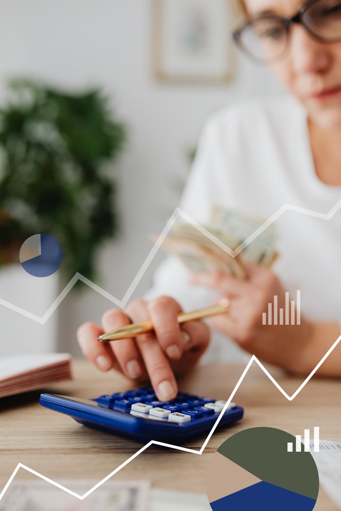 services-01 Woman using calculator with financial graph overlay, indicating data analysis and finance planning.